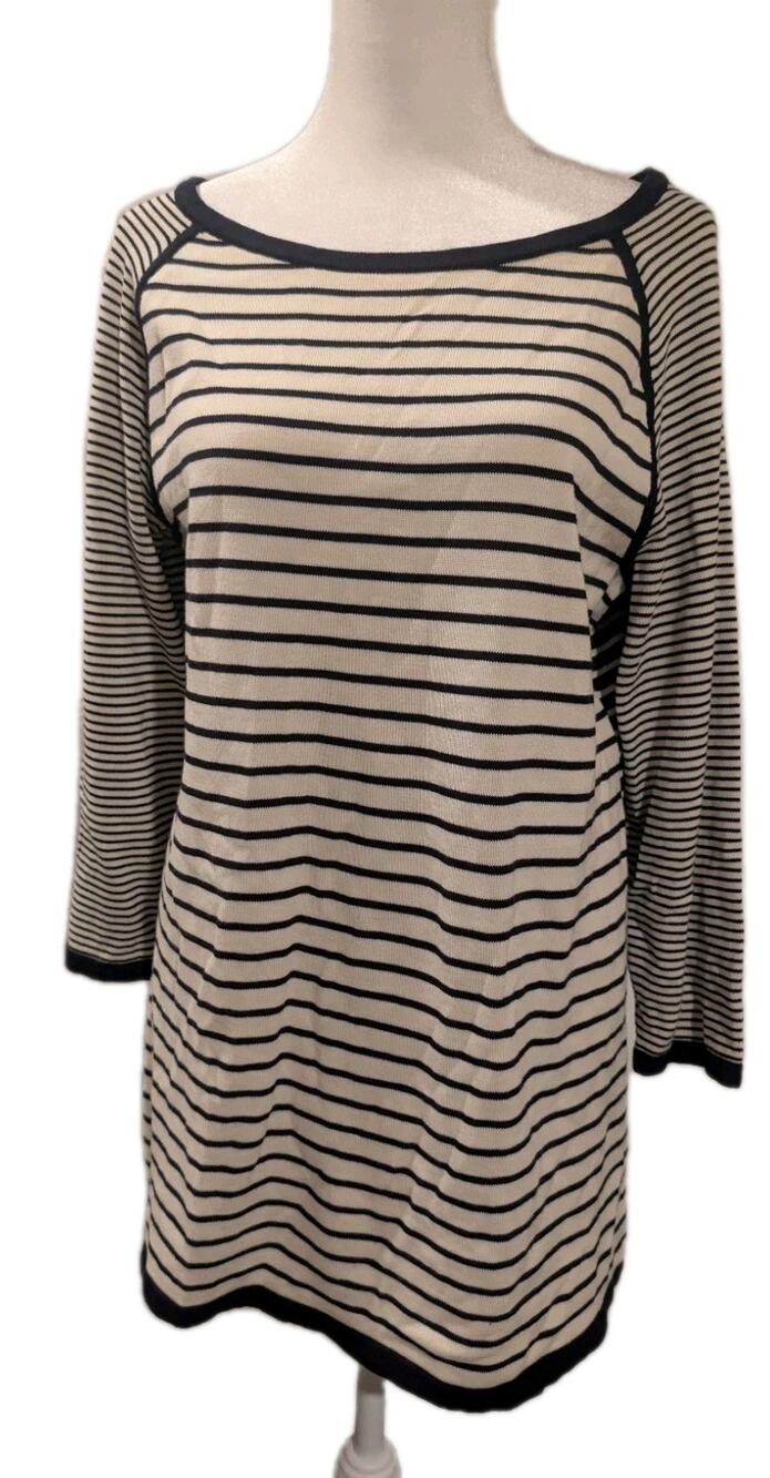 Talbots Tunic Sweater Womens Medium M Navy White Striped 3/4 Sleeve Knit Top